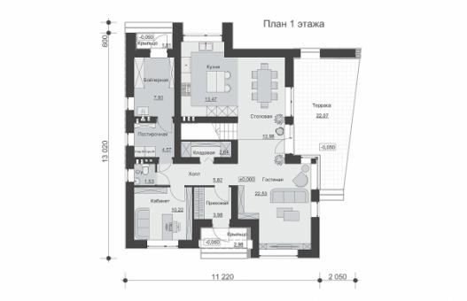 Двухэтажный дом с террасой, кабинетом и просторной гостиной